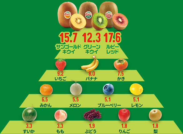 サンゴールドキウイ15.7、グリーンキウイ12.3、ルビーレッド17.6、いちご9.2、バナナ8.0、かき7.5、みかん6.5、メロン5.5、ブルーベリー5.1、レモン5.1、すいか3.3、もも3.3、ぶどう1.9、りんご1.8、梨1.8